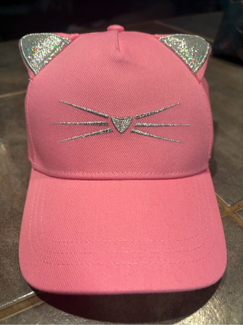 Pink Kids Cat Ear Baseball Cap with Silver Glitter Accents
